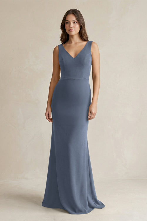 V - Neck Sheath Satin Maxi Bridesmaid Dress in Neptune - KissProm Bridesmaid Dresses