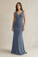 V - Neck Sheath Satin Maxi Bridesmaid Dress in Neptune - KissProm Bridesmaid Dresses