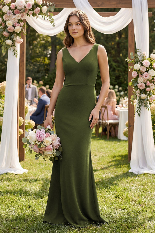 V-Neck Sheath Satin Maxi Bridesmaid Dress in Olive