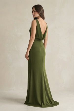 V - Neck Sheath Satin Maxi Bridesmaid Dress in Olive - KissProm Bridesmaid Dresses