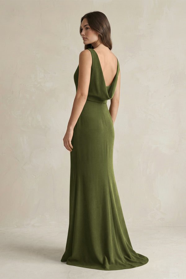 V - Neck Sheath Satin Maxi Bridesmaid Dress in Olive - KissProm Bridesmaid Dresses
