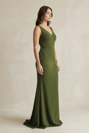 V - Neck Sheath Satin Maxi Bridesmaid Dress in Olive - KissProm Bridesmaid Dresses