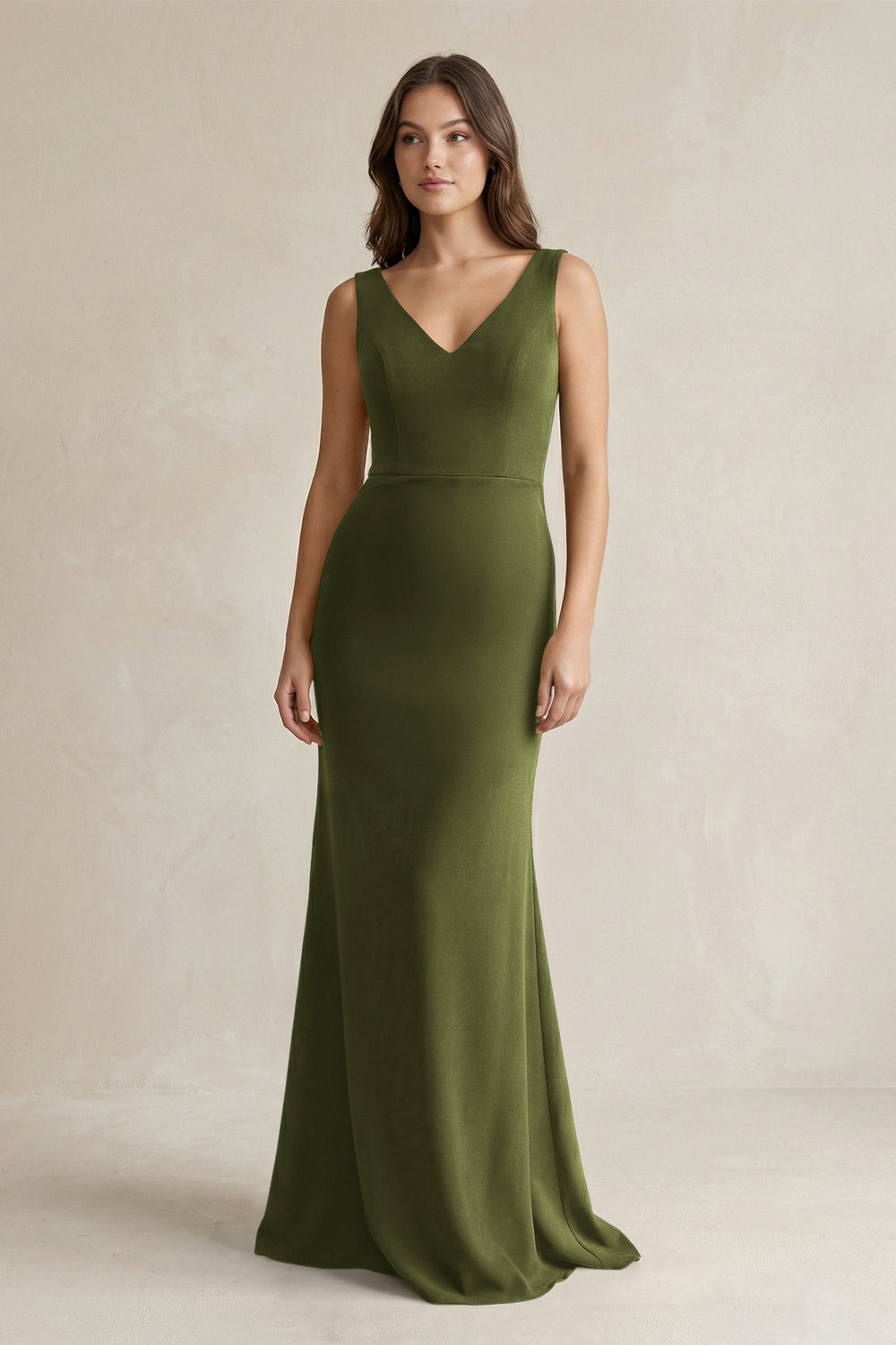 V - Neck Sheath Satin Maxi Bridesmaid Dress in Olive - KissProm Bridesmaid Dresses
