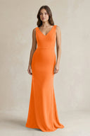 V - Neck Sheath Satin Maxi Bridesmaid Dress in Orange - KissProm Bridesmaid Dresses