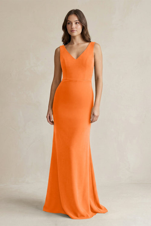 V - Neck Sheath Satin Maxi Bridesmaid Dress in Orange - KissProm Bridesmaid Dresses
