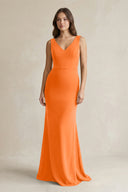 V - Neck Sheath Satin Maxi Bridesmaid Dress in Orange - KissProm Bridesmaid Dresses