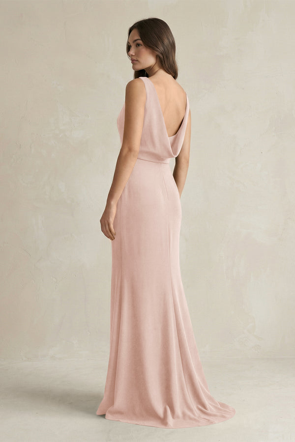 V - Neck Sheath Satin Maxi Bridesmaid Dress in Pale Blush - KissProm Bridesmaid Dresses