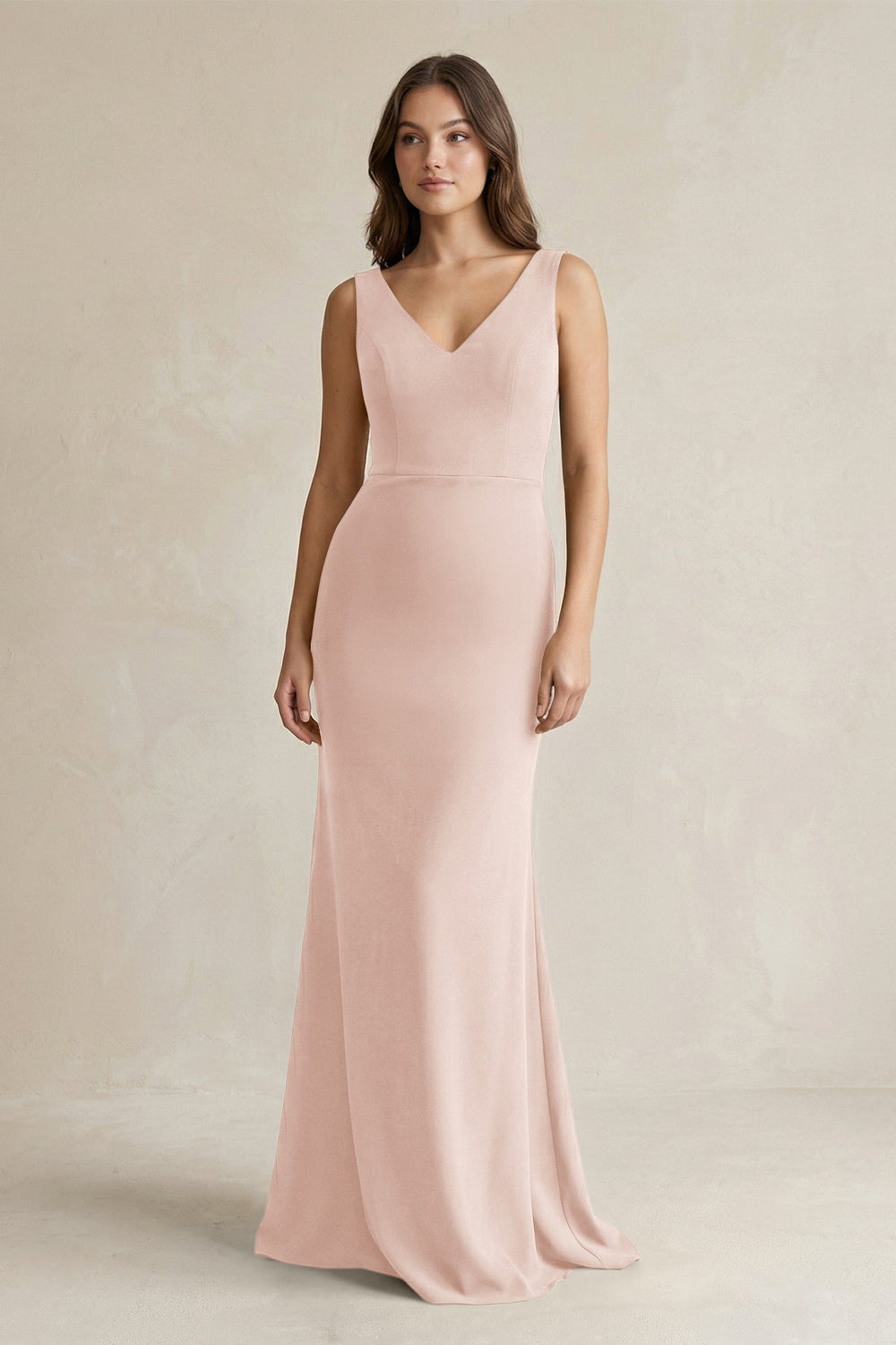 V - Neck Sheath Satin Maxi Bridesmaid Dress in Pale Blush - KissProm Bridesmaid Dresses