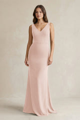 V - Neck Sheath Satin Maxi Bridesmaid Dress in Pale Blush - KissProm Bridesmaid Dresses