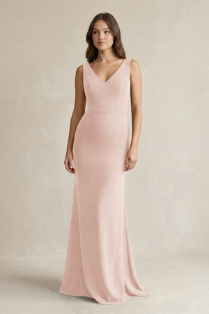 V - Neck Sheath Satin Maxi Bridesmaid Dress in Pale Blush - KissProm Bridesmaid Dresses