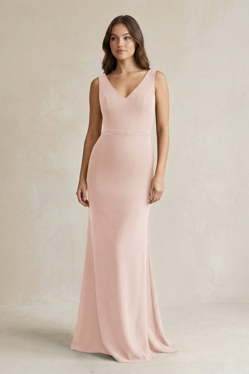 V - Neck Sheath Satin Maxi Bridesmaid Dress in Pale Blush - KissProm Bridesmaid Dresses
