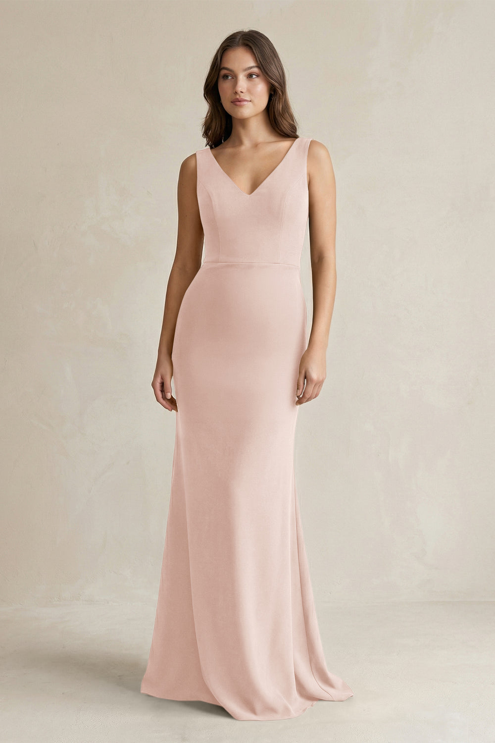 V - Neck Sheath Satin Maxi Bridesmaid Dress in Pale Blush - KissProm Bridesmaid Dresses