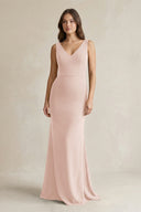 V - Neck Sheath Satin Maxi Bridesmaid Dress in Pale Blush - KissProm Bridesmaid Dresses