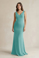 V - Neck Sheath Satin Maxi Bridesmaid Dress in Pale Pistachio - KissProm Bridesmaid Dresses