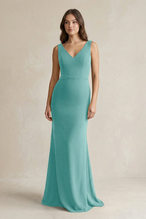 V - Neck Sheath Satin Maxi Bridesmaid Dress in Pale Pistachio - KissProm Bridesmaid Dresses