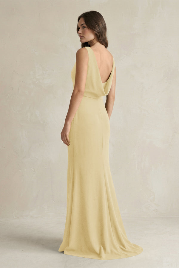 V - Neck Sheath Satin Maxi Bridesmaid Dress in Pastel Yellow - KissProm Bridesmaid Dresses