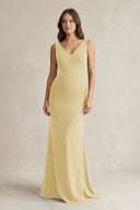 V - Neck Sheath Satin Maxi Bridesmaid Dress in Pastel Yellow - KissProm Bridesmaid Dresses