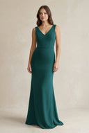 V - Neck Sheath Satin Maxi Bridesmaid Dress in Pine - KissProm Bridesmaid Dresses
