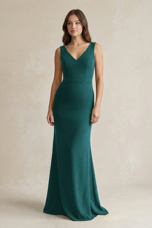 V - Neck Sheath Satin Maxi Bridesmaid Dress in Pine - KissProm Bridesmaid Dresses
