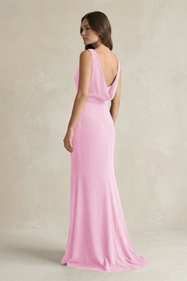 V - Neck Sheath Satin Maxi Bridesmaid Dress in Pink - KissProm Bridesmaid Dresses