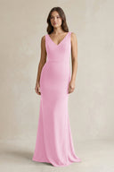 V - Neck Sheath Satin Maxi Bridesmaid Dress in Pink - KissProm Bridesmaid Dresses