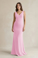 V - Neck Sheath Satin Maxi Bridesmaid Dress in Pink - KissProm Bridesmaid Dresses