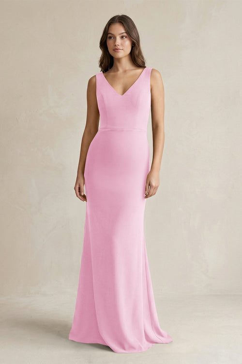 V - Neck Sheath Satin Maxi Bridesmaid Dress in Pink - KissProm Bridesmaid Dresses