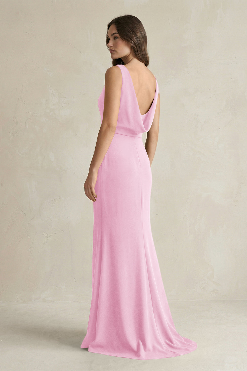 V - Neck Sheath Satin Maxi Bridesmaid Dress in Pink - KissProm Bridesmaid Dresses