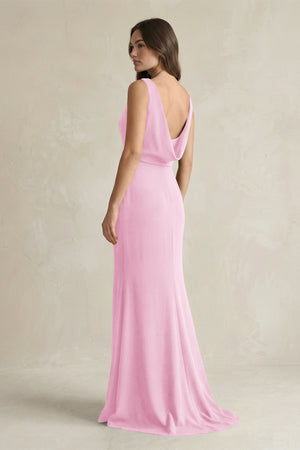 V - Neck Sheath Satin Maxi Bridesmaid Dress in Pink - KissProm Bridesmaid Dresses