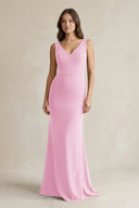 V - Neck Sheath Satin Maxi Bridesmaid Dress in Pink - KissProm Bridesmaid Dresses