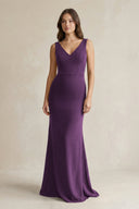 V - Neck Sheath Satin Maxi Bridesmaid Dress in Plum - KissProm Bridesmaid Dresses