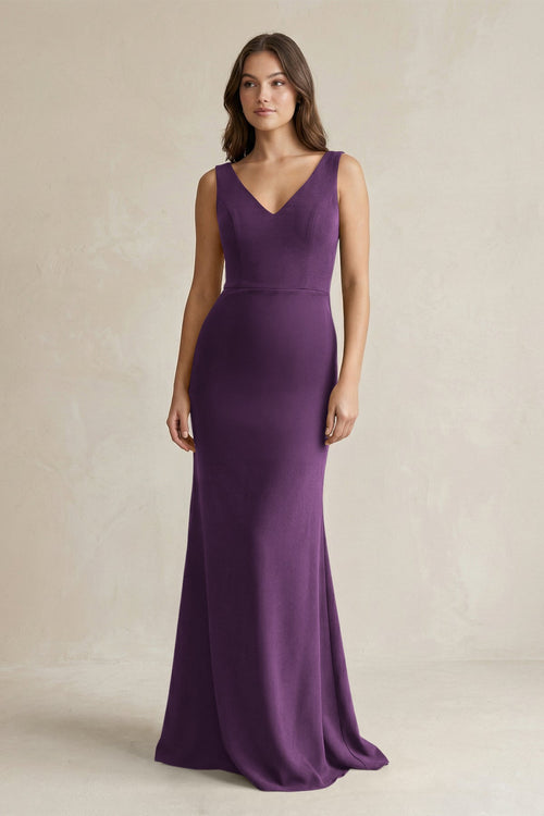 V - Neck Sheath Satin Maxi Bridesmaid Dress in Plum - KissProm Bridesmaid Dresses
