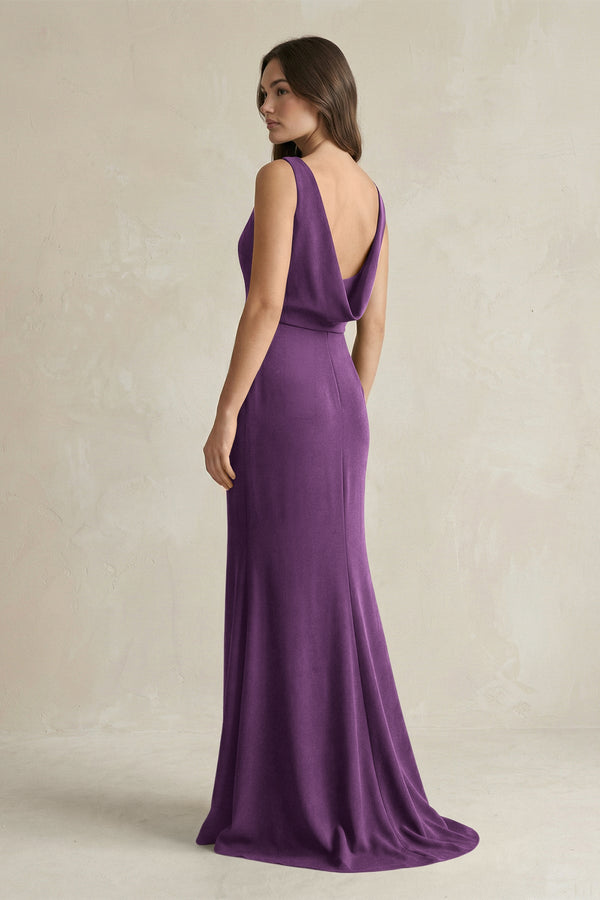 V - Neck Sheath Satin Maxi Bridesmaid Dress in Plum - KissProm Bridesmaid Dresses