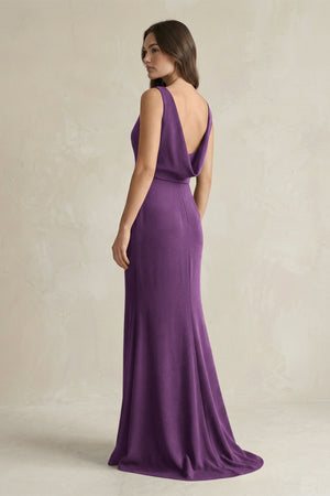 V - Neck Sheath Satin Maxi Bridesmaid Dress in Plum - KissProm Bridesmaid Dresses