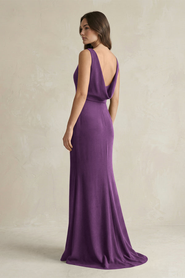 V - Neck Sheath Satin Maxi Bridesmaid Dress in Plum - KissProm Bridesmaid Dresses