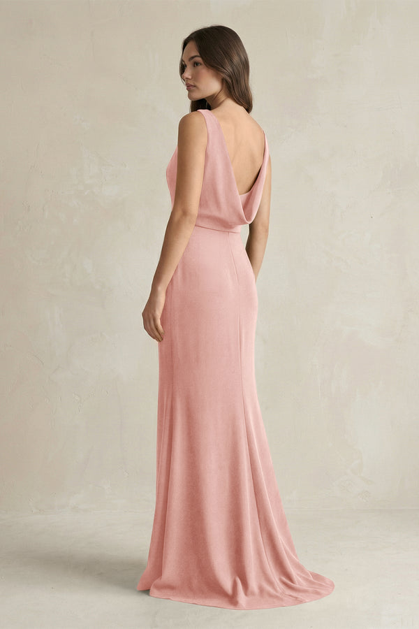 V - Neck Sheath Satin Maxi Bridesmaid Dress in Rose Petal - KissProm Bridesmaid Dresses