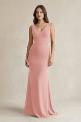 V - Neck Sheath Satin Maxi Bridesmaid Dress in Rose Petal - KissProm Bridesmaid Dresses