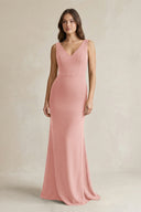 V - Neck Sheath Satin Maxi Bridesmaid Dress in Rose Petal - KissProm Bridesmaid Dresses