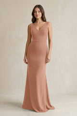 V - Neck Sheath Satin Maxi Bridesmaid Dress in Rosette - KissProm Bridesmaid Dresses