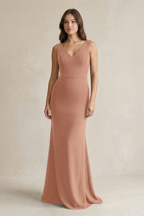 V - Neck Sheath Satin Maxi Bridesmaid Dress in Rosette - KissProm Bridesmaid Dresses