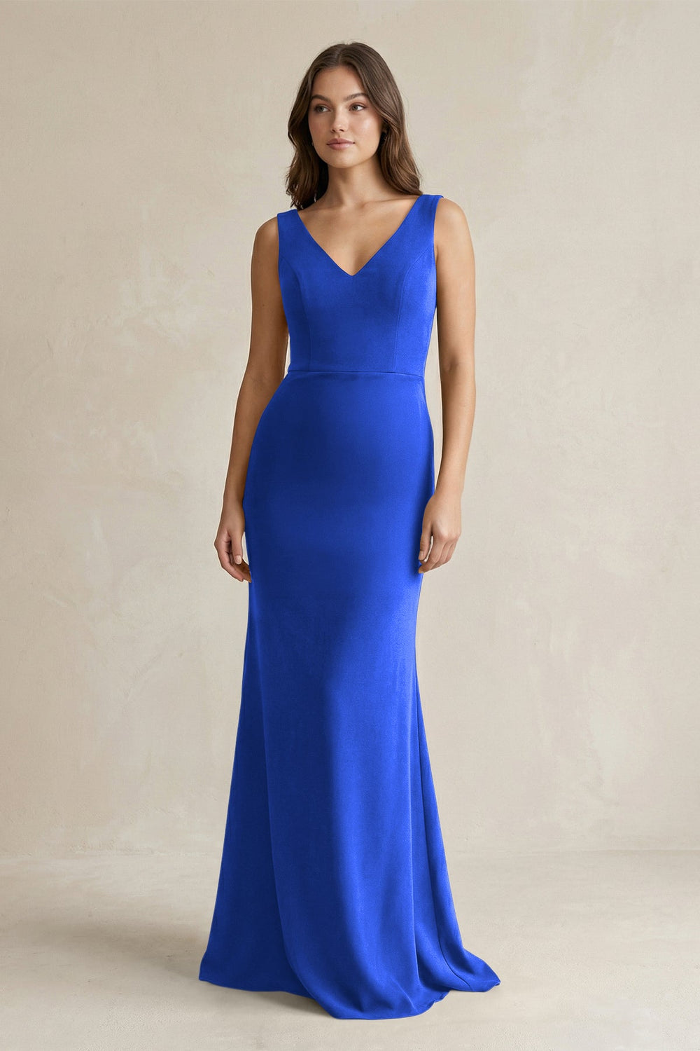 V - Neck Sheath Satin Maxi Bridesmaid Dress in Royal Blue - KissProm Bridesmaid Dresses