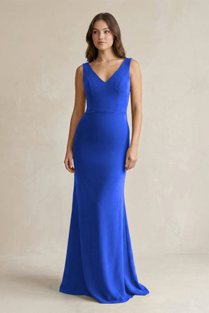V - Neck Sheath Satin Maxi Bridesmaid Dress in Royal Blue - KissProm Bridesmaid Dresses