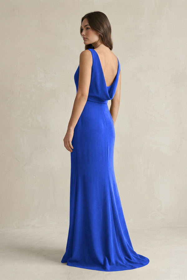 V - Neck Sheath Satin Maxi Bridesmaid Dress in Royal Blue - KissProm Bridesmaid Dresses