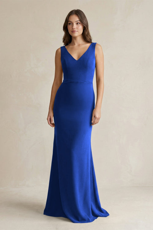 KissProm | V-Neck Sheath Satin Maxi Bridesmaid Dress in Royal Blue