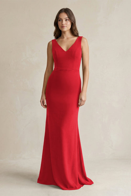 V - Neck Sheath Satin Maxi Bridesmaid Dress in Ruby Red - KissProm Bridesmaid Dresses