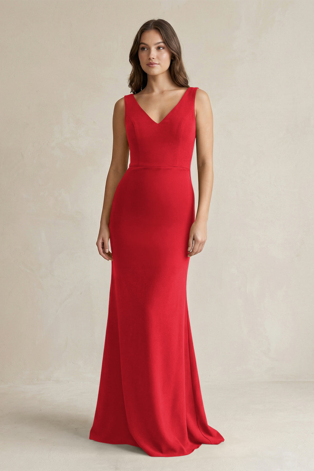 V - Neck Sheath Satin Maxi Bridesmaid Dress in Ruby Red - KissProm Bridesmaid Dresses