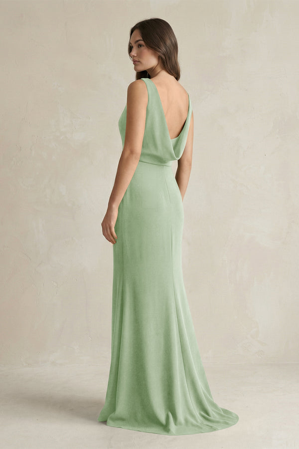 V - Neck Sheath Satin Maxi Bridesmaid Dress in Sage - KissProm Bridesmaid Dresses
