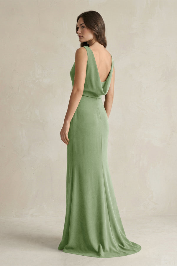 KissProm | V-Neck Sheath Satin Maxi Bridesmaid Dress in Sage