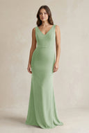 V - Neck Sheath Satin Maxi Bridesmaid Dress in Sage - KissProm Bridesmaid Dresses
