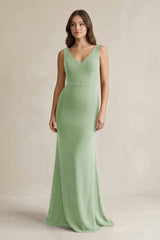 V - Neck Sheath Satin Maxi Bridesmaid Dress in Sage - KissProm Bridesmaid Dresses